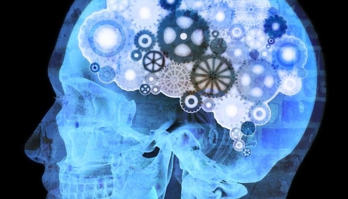 A glowing brain with mechanical gears, symbolizing the innovation and persistence behind Peter Diamandis' laws for passionate thinking and problem-solving.