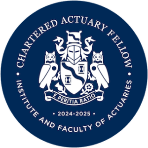 A Chartered Actuary Fellow certification badge from the Institute and Faculty of Actuaries for the year 2024-2025, featuring a crest with owls and a Latin motto