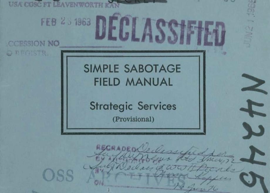 Original cover of the declassified Simple Sabotage Field Manual from the Office of Strategic Services, featuring the title and classified stamps.
